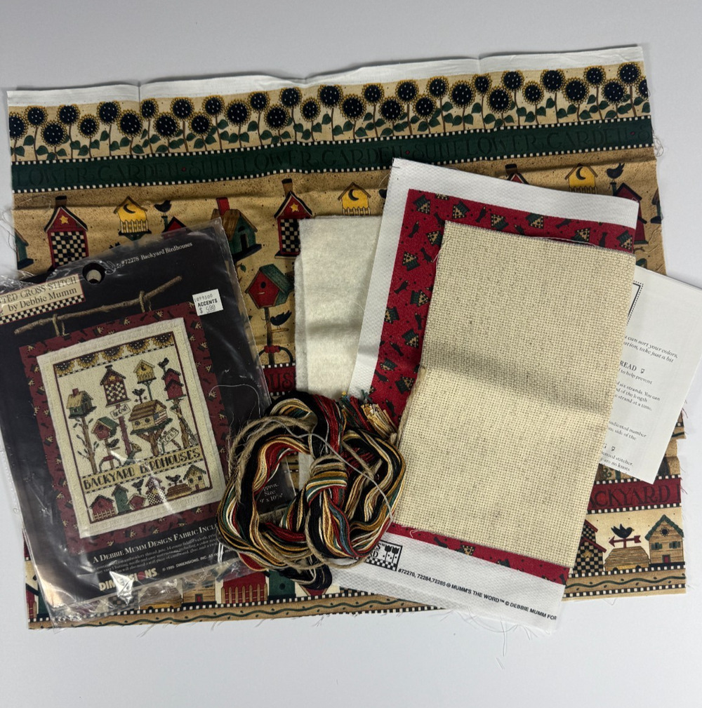 Vintage Dimensions Backyard Birdhouses Debbie Mumm Cross Stitch Kit Bonus Fabric